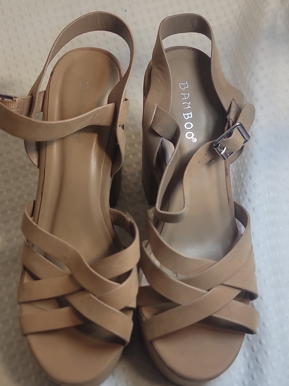 BAMBOO Tan Strappy Slingback Wedge Sandals